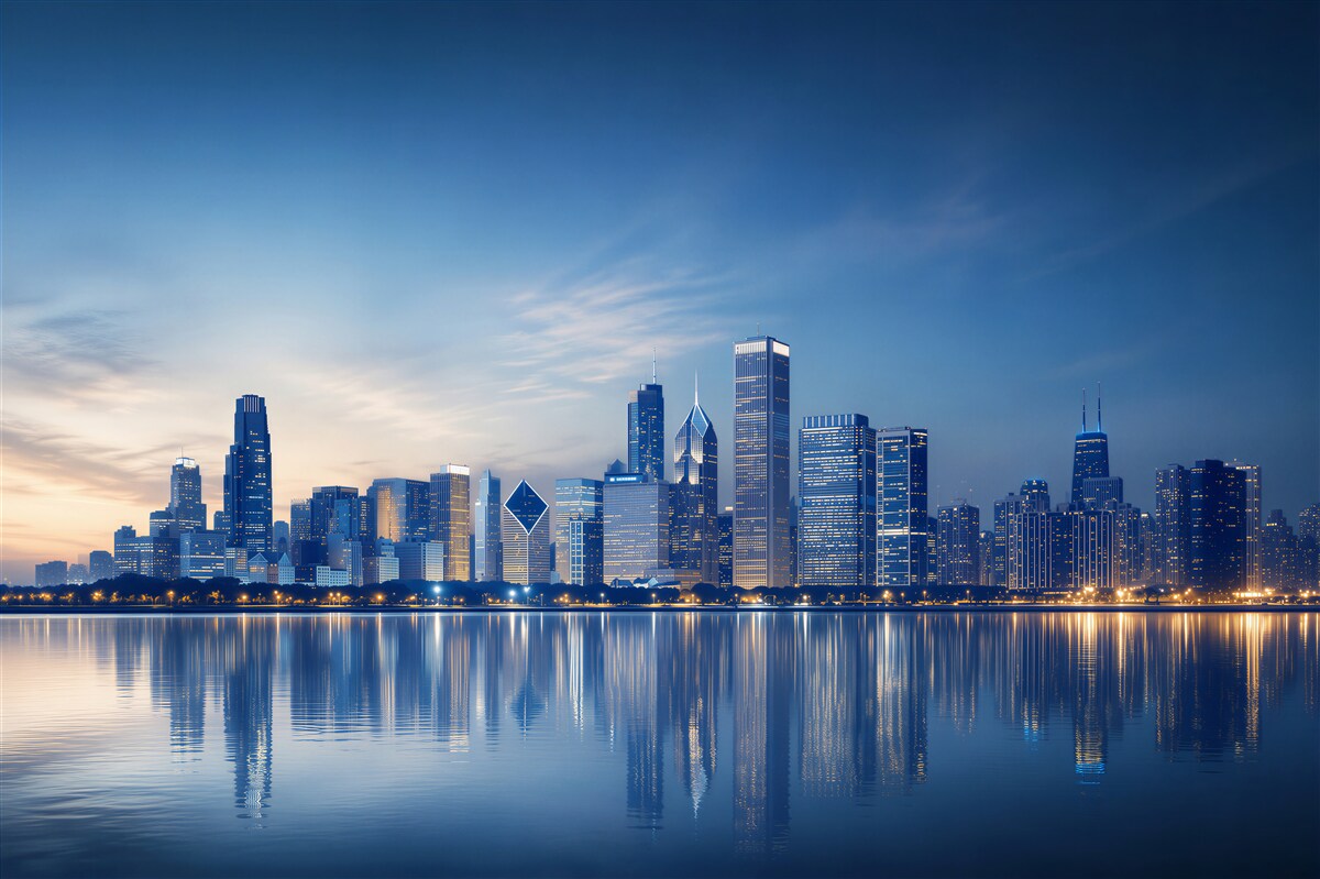 Fotobehang reflectie van de nachtelijke lichten van de stad in het water
