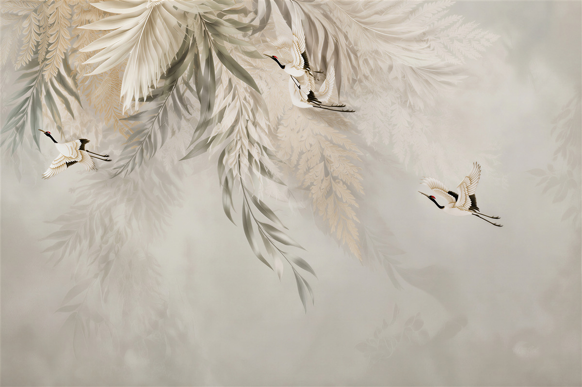Fotobehang grote bladeren en vogels