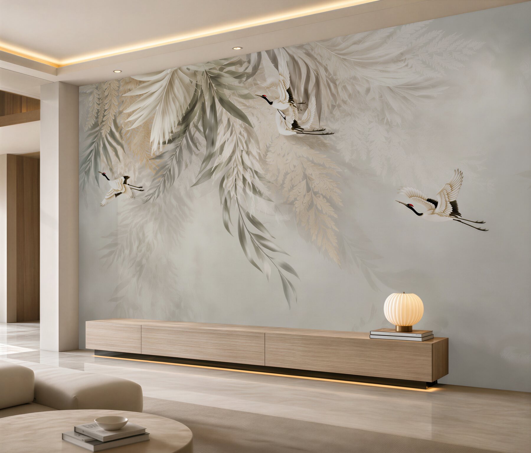 Fotobehang grote bladeren en vogels
