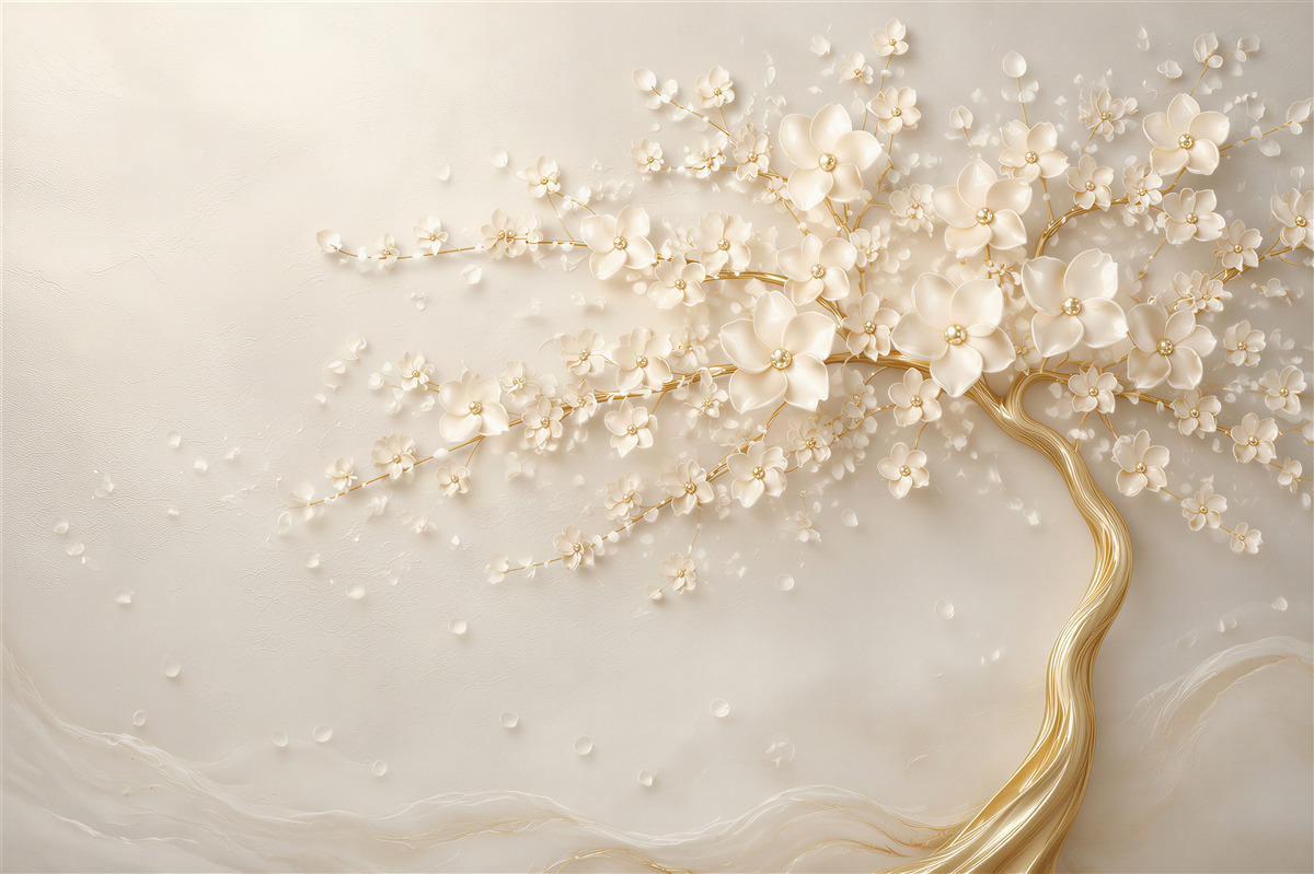 Fotobehang gouden boom met delicate kleine bloemen