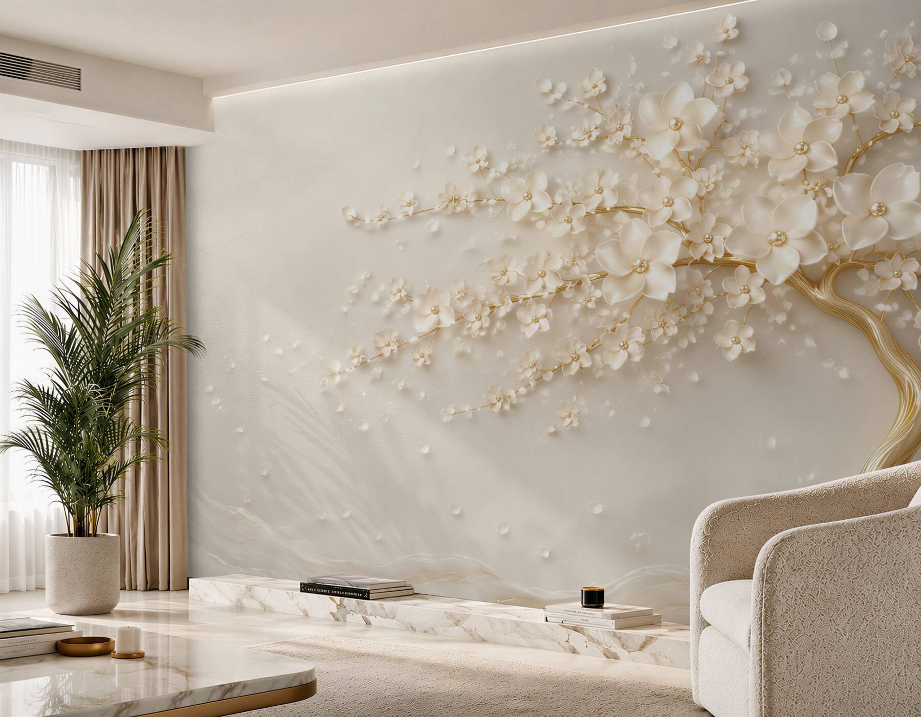 Fotobehang gouden boom met delicate kleine bloemen
