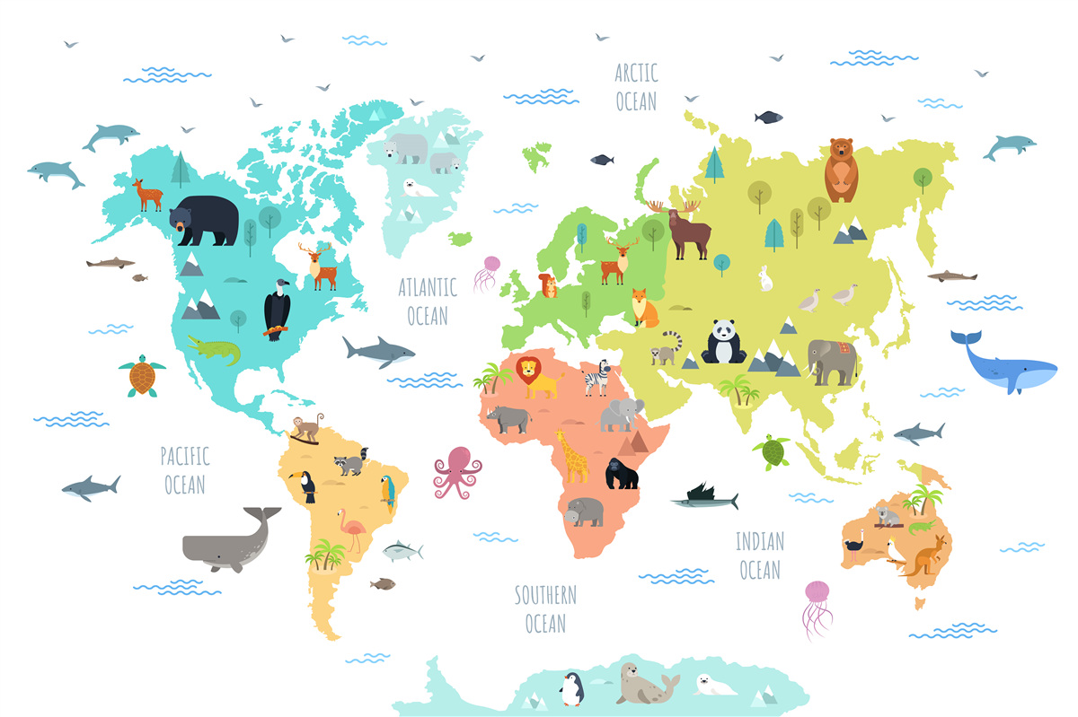 Fotobehang kleurrijke wereldkaart met dieren
