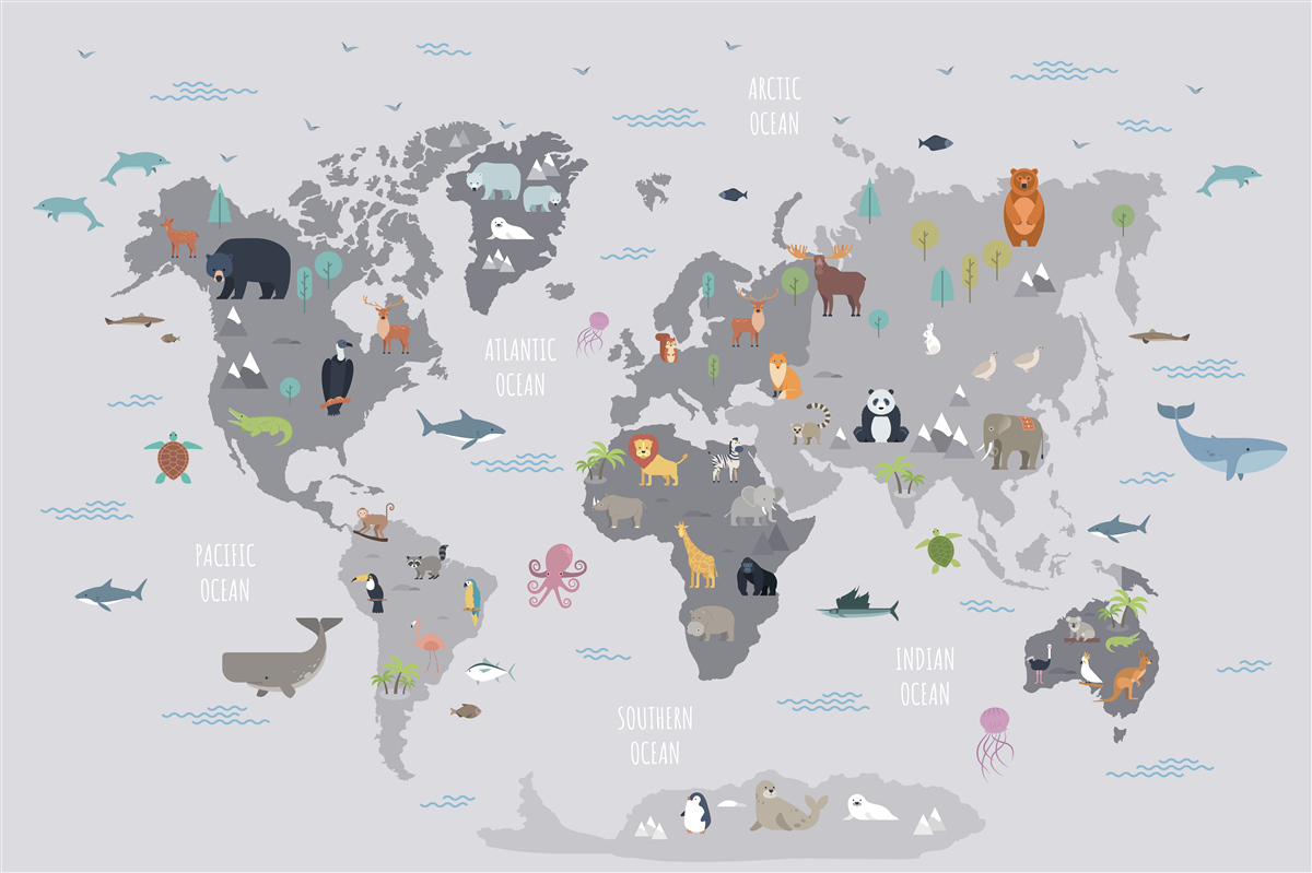 Fotobehang wereldkaart met dieren in grijze kleuren
