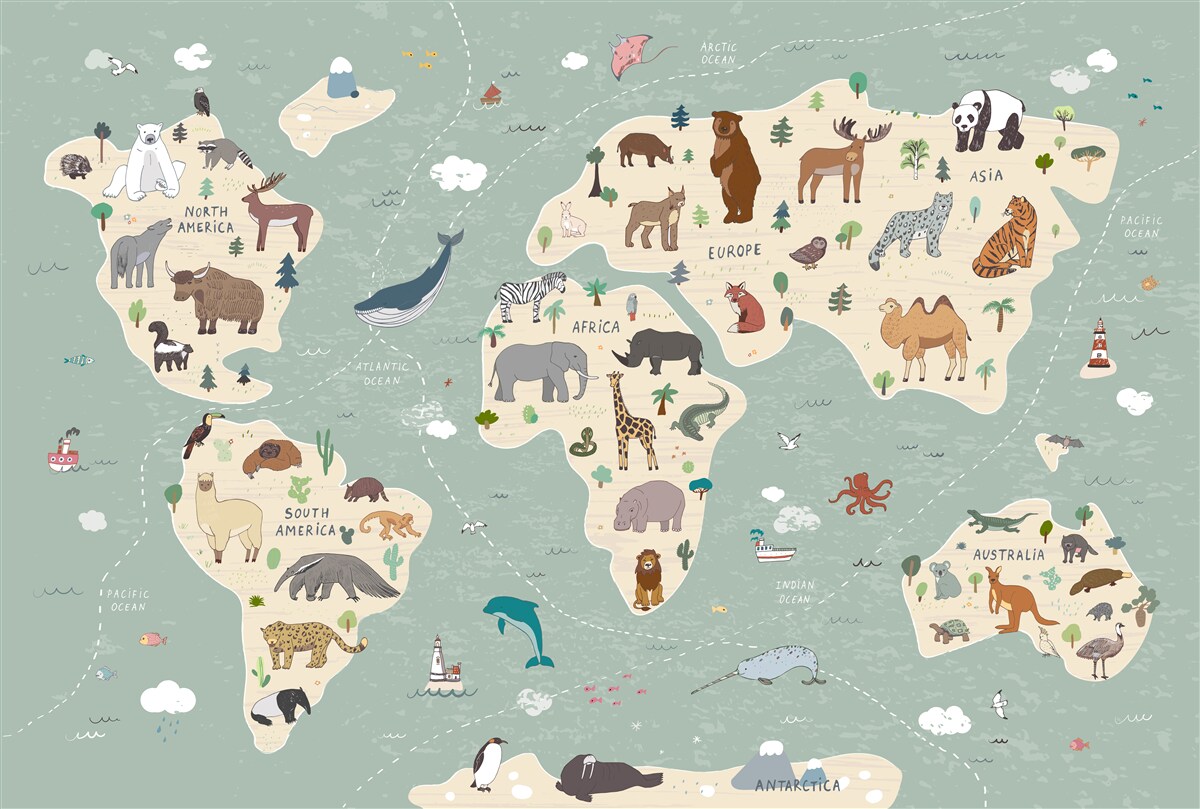 Fotobehang veel dieren op de wereldkaart
