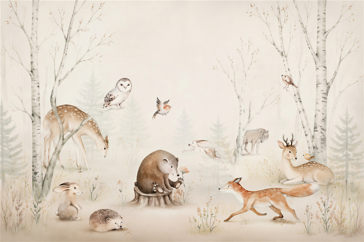 Fotobehang aquarel dieren in het bos