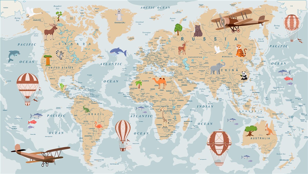 Fotobehang gedetailleerde wereldkaart met verschillende afbeeldingen