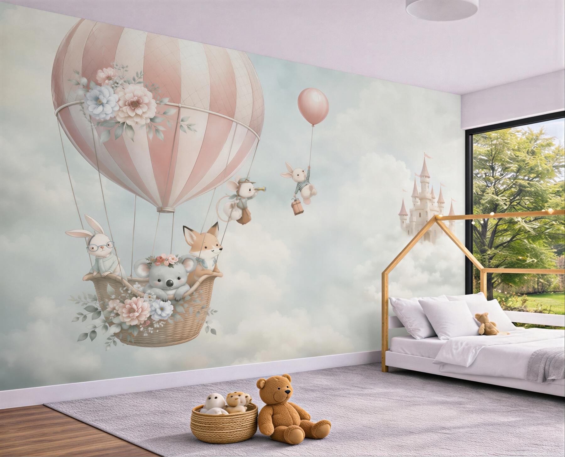 Fotobehang dieren die vliegen voor een kasteel
