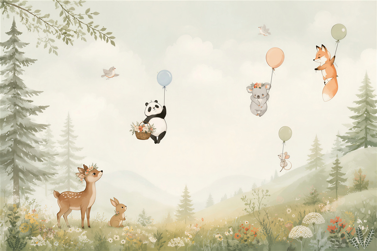 Fotobehang dieren die met ballonnen vliegen
