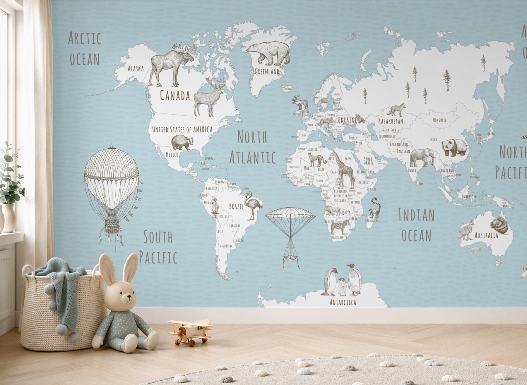 Fotobehang wereldkaart met dieren en vliegende auto's