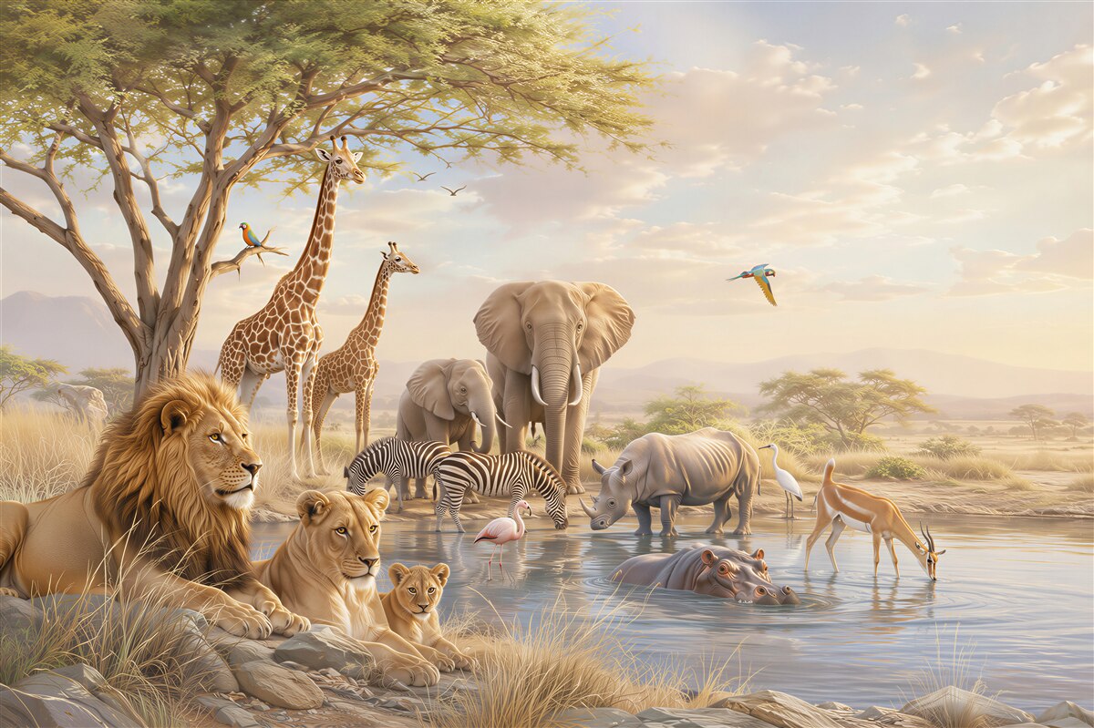 Fotobehang Afrikaanse dieren bij een waterplaats