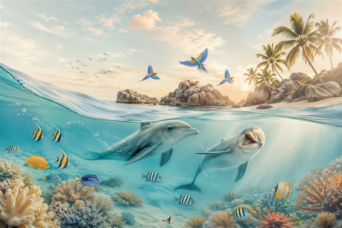 Fotobehang dolfijnen komen uit het water