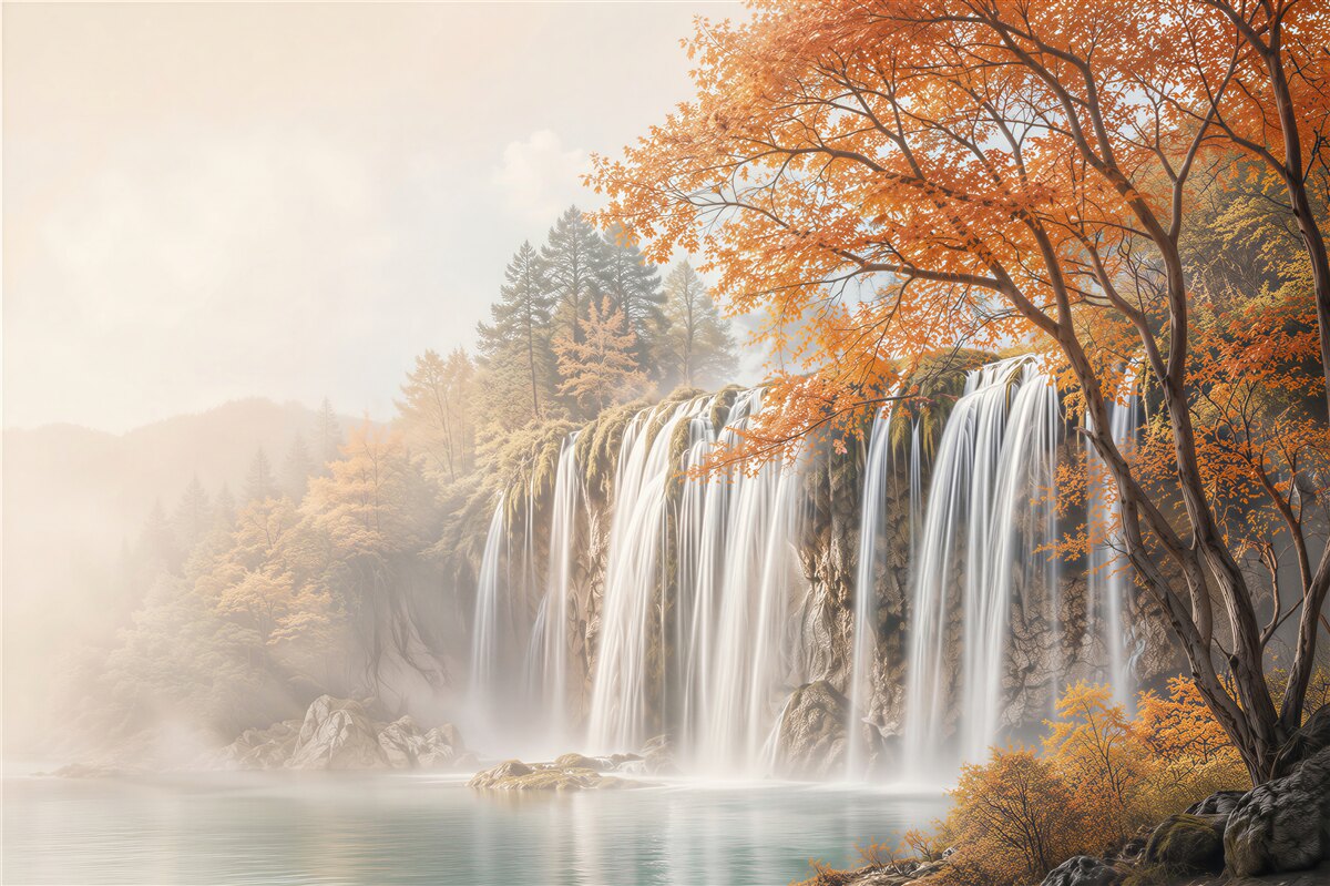 Fotobehang herfstbos nabij een grote waterval
