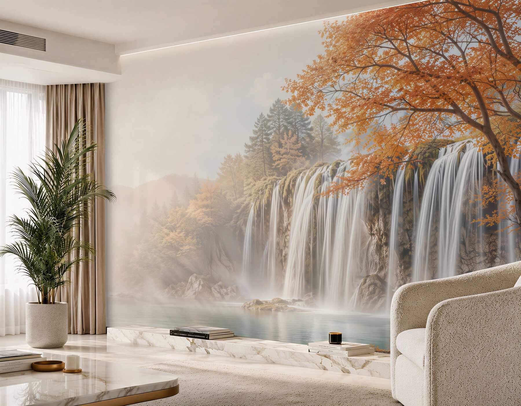 Fotobehang herfstbos nabij een grote waterval