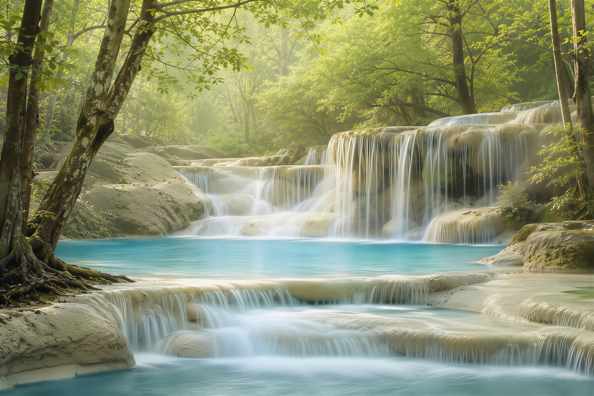 Fotobehang heldere, blauwe wateren van een boswaterval