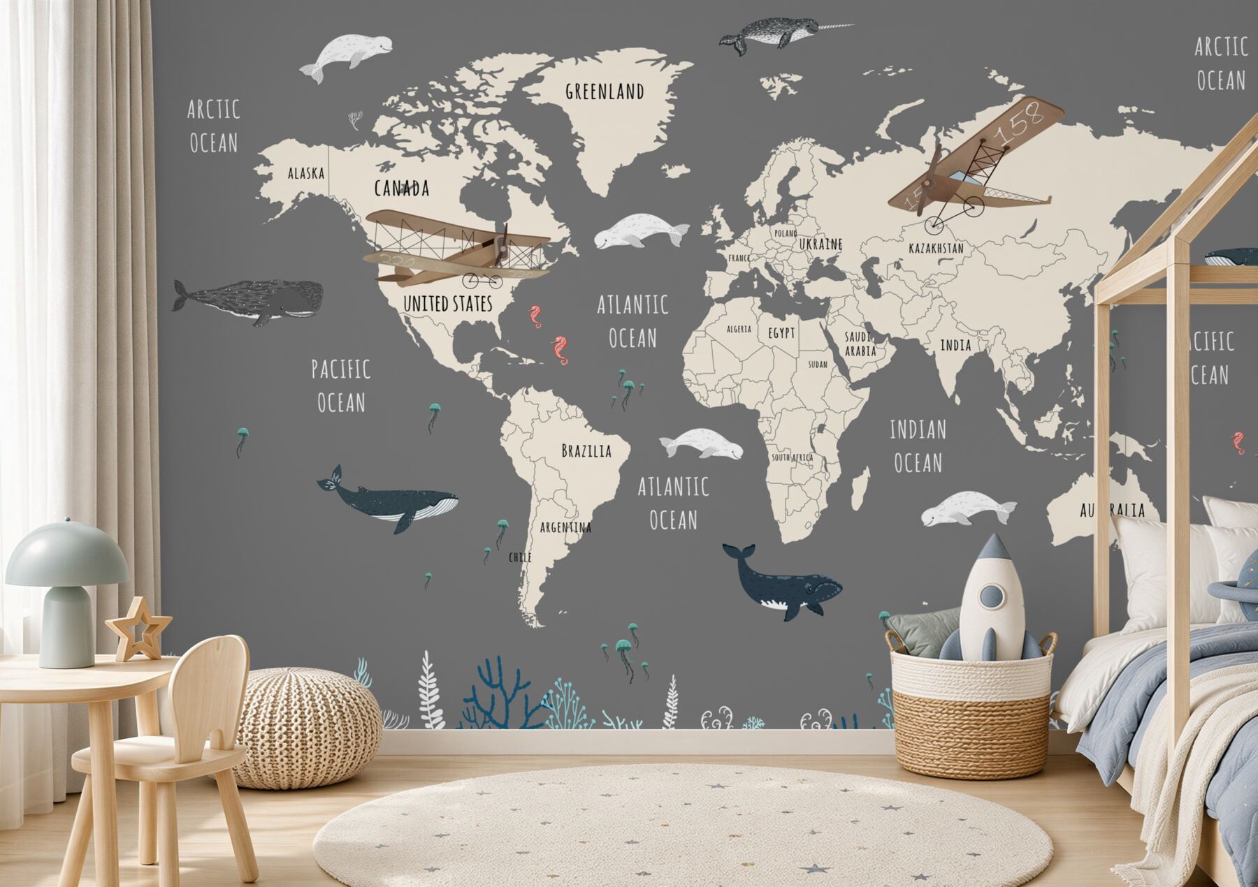 Fotobehang Wereldkaart met onderwaterdieren