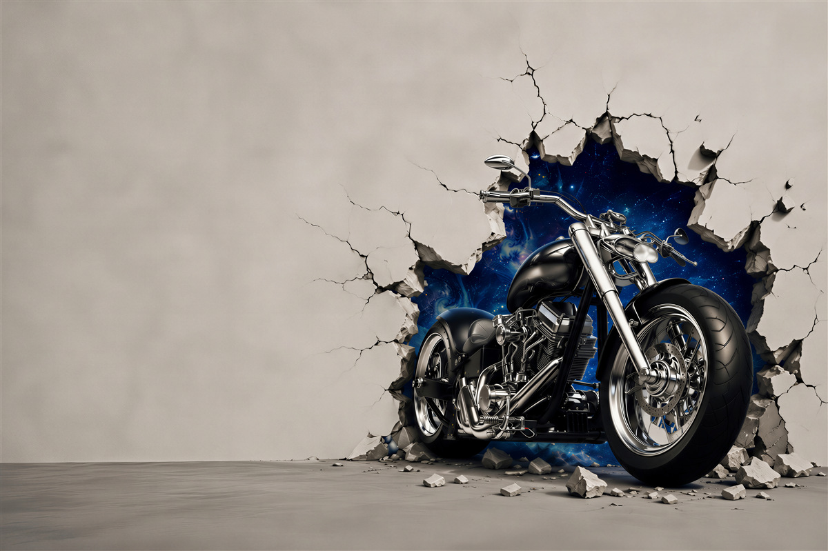 Fotobehang zwarte motorfiets geschilderd op de muur