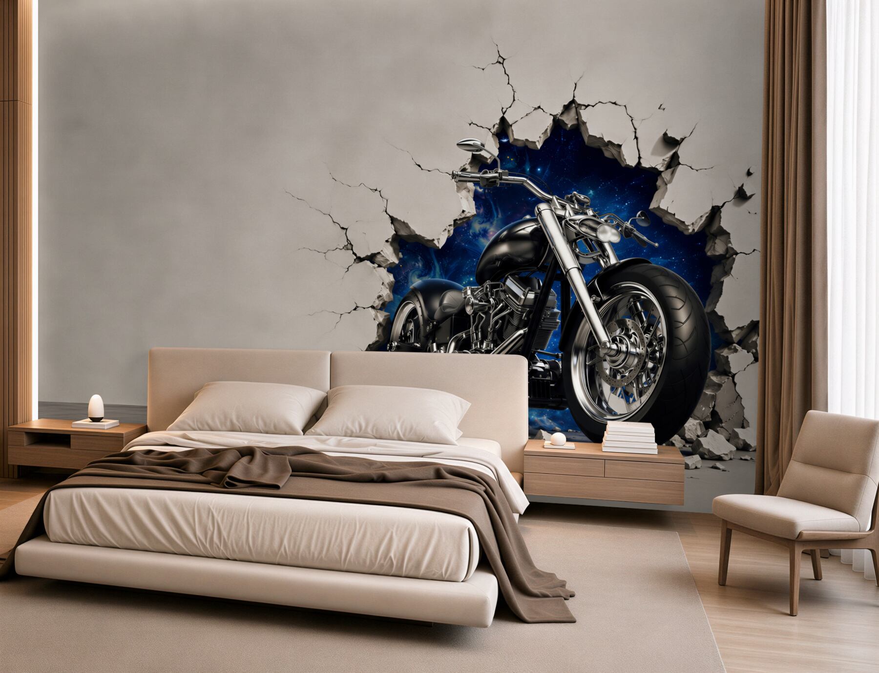 Fotobehang zwarte motorfiets geschilderd op de muur