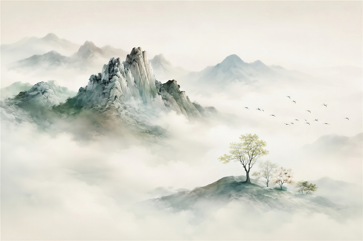 Fotobehang landschap van mist en rotsachtige bergen