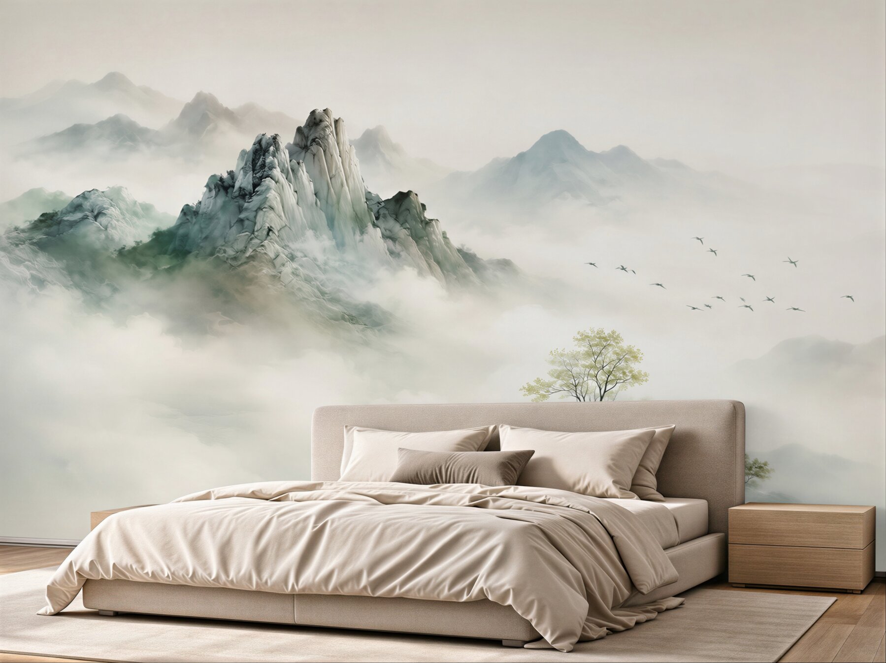 Fotobehang landschap van mist en rotsachtige bergen