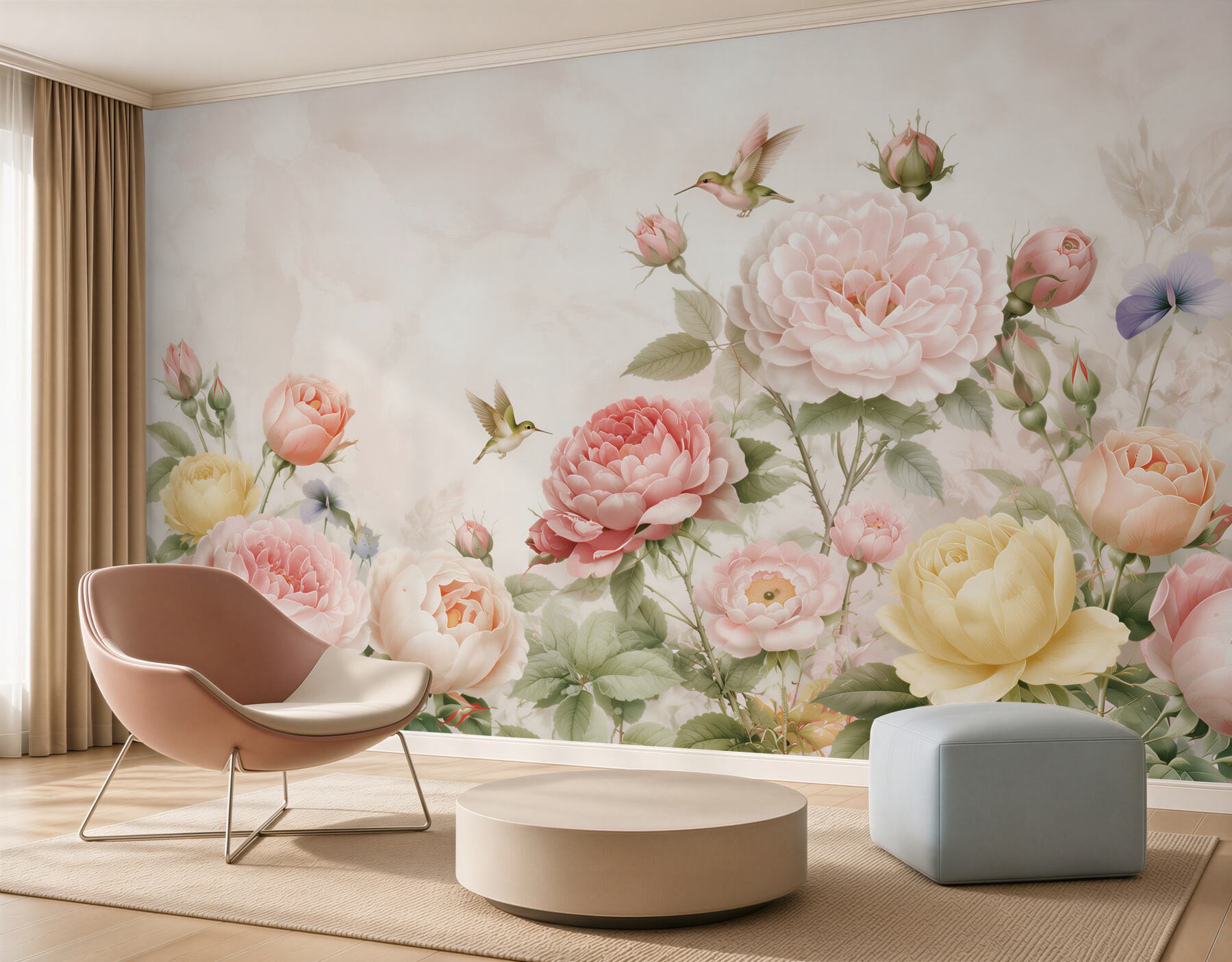 Fotobehang heldere compositie van zomerbloemen en groene bladeren