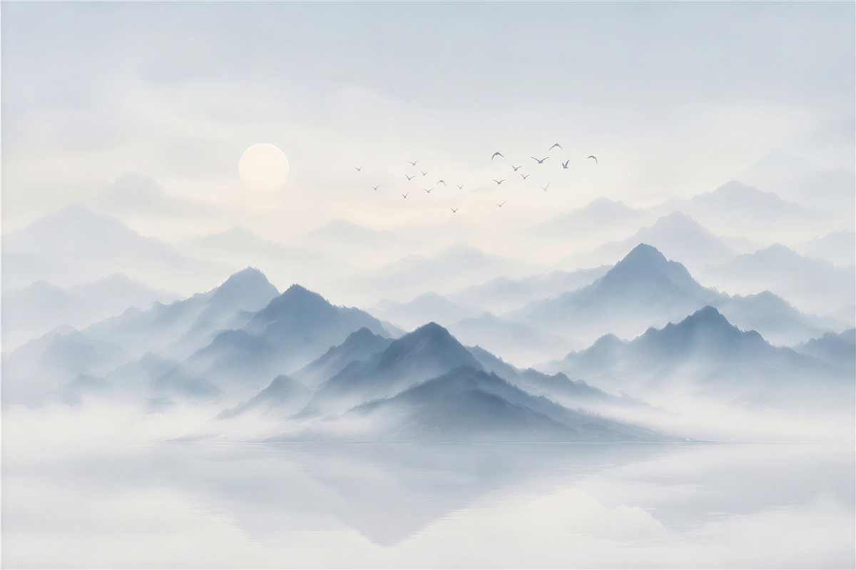 Fotobehang dikke mist in de bergen en een eenzame visser