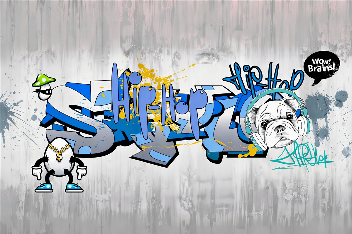 Fotobehang hond met graffiti en koptelefoon