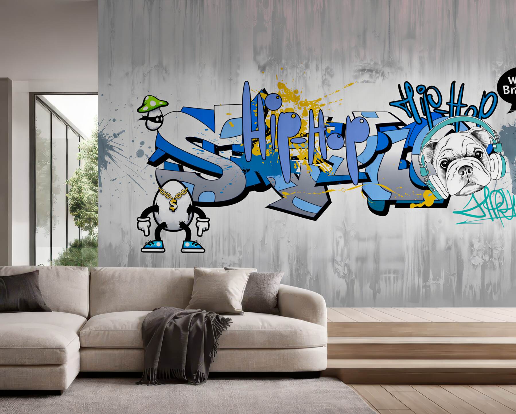 Fotobehang hond met graffiti en koptelefoon