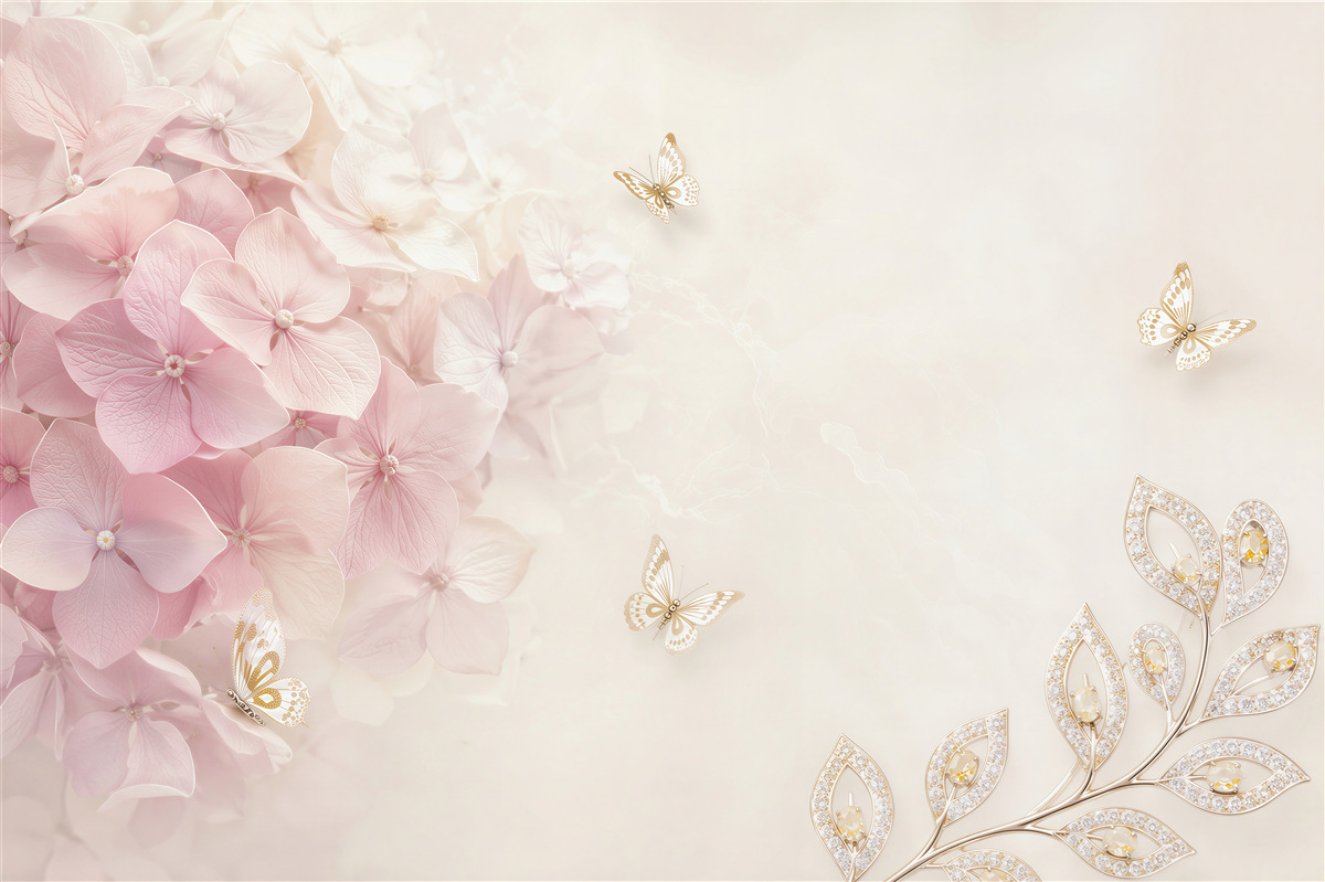 Fotobehang Roze bloemen en vlinders