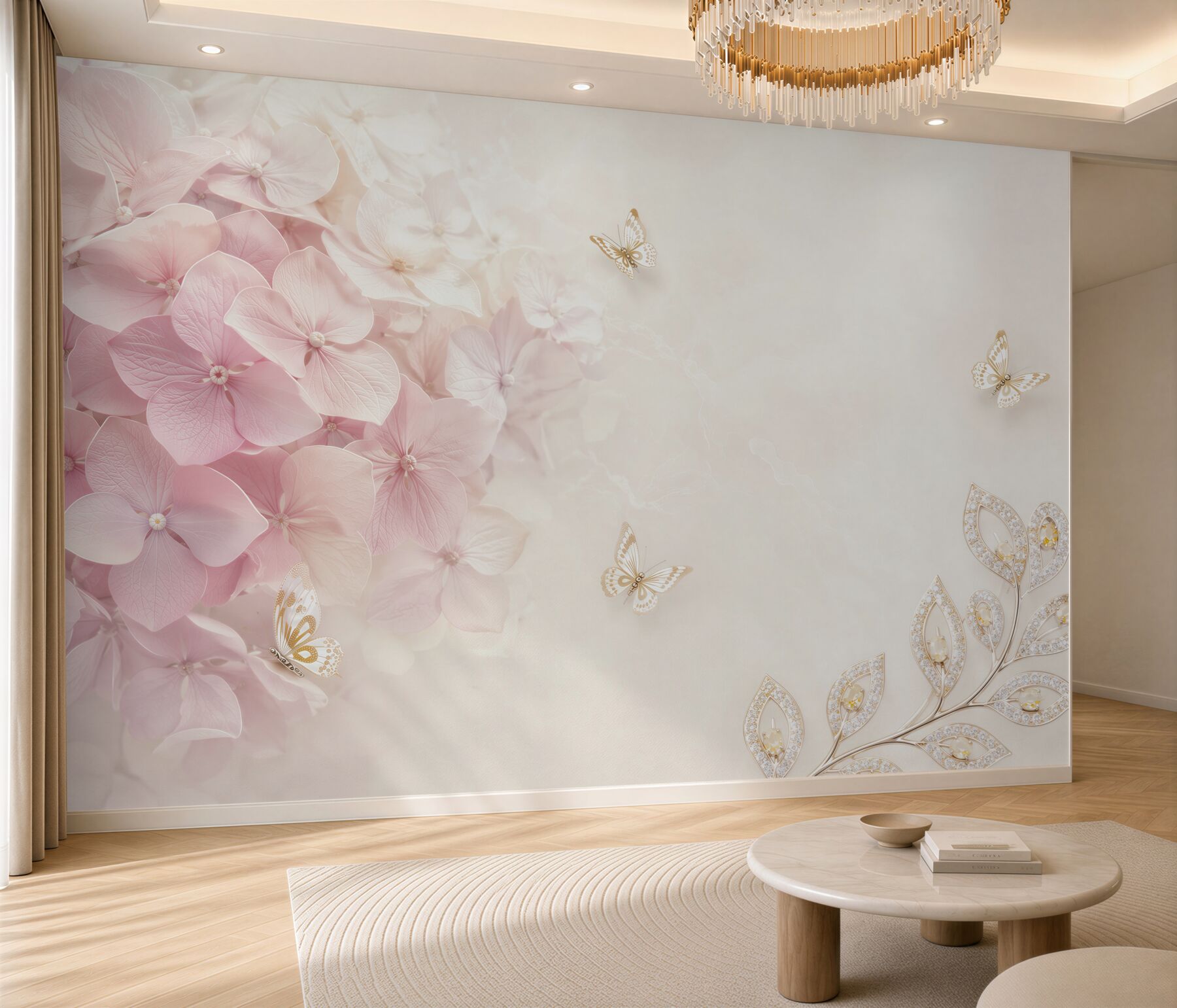Fotobehang Roze bloemen en vlinders