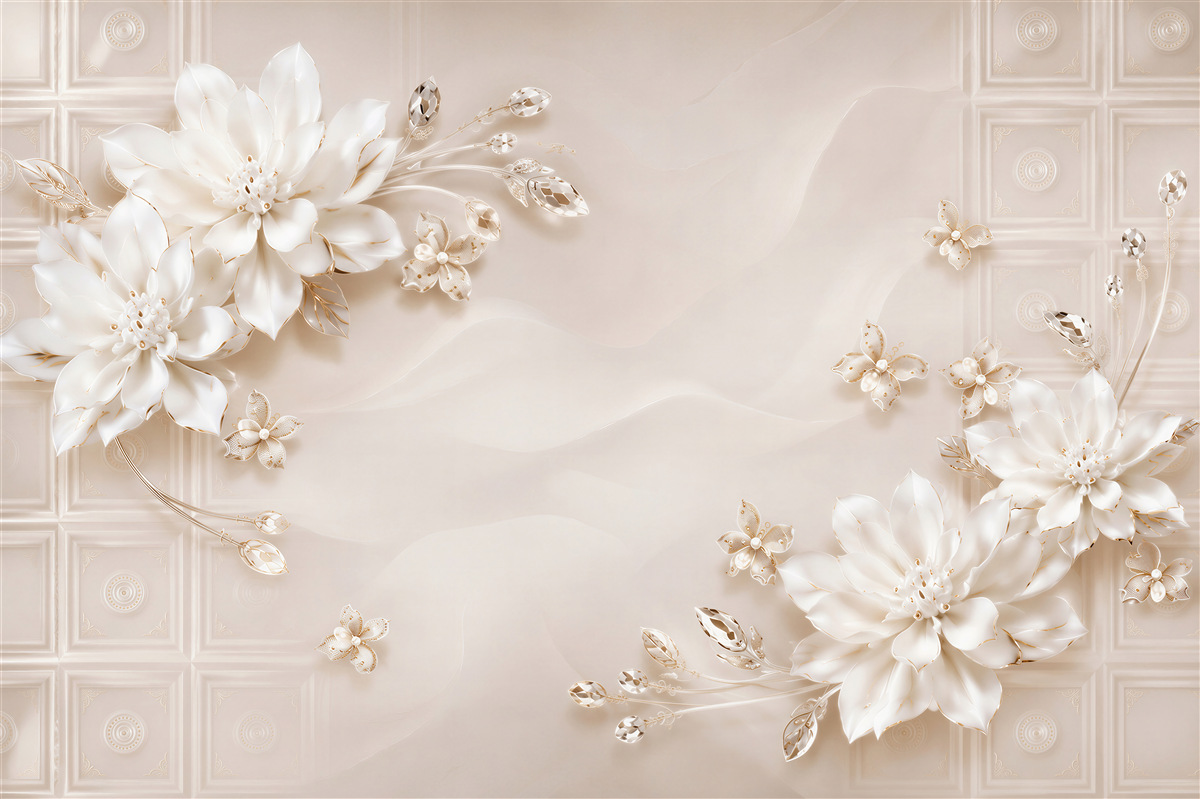 Fotobehang witte bloemen op de muur