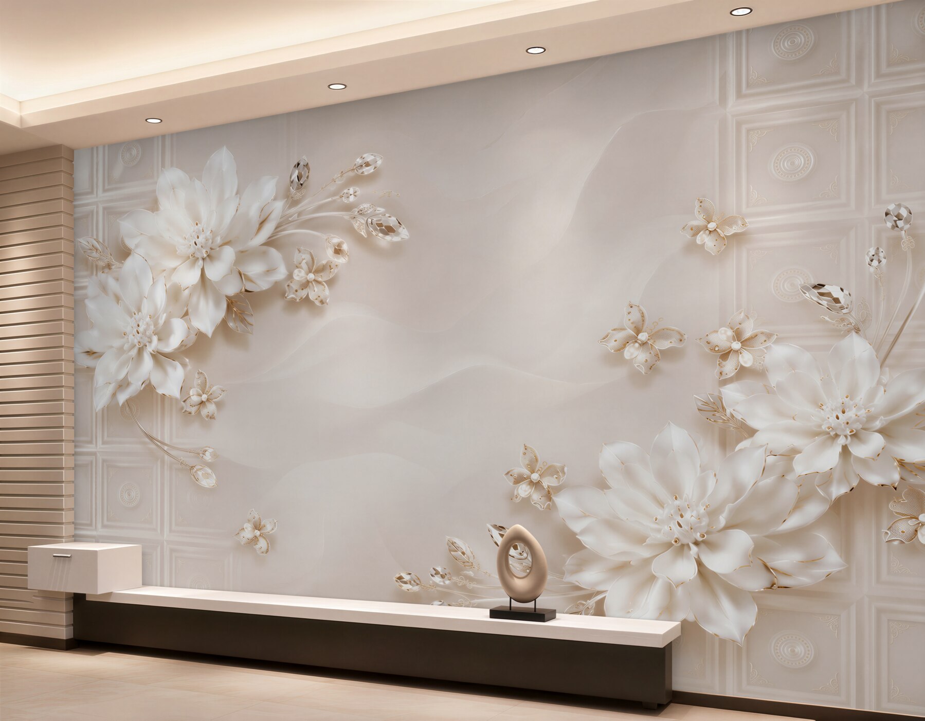 Fotobehang witte bloemen op de muur