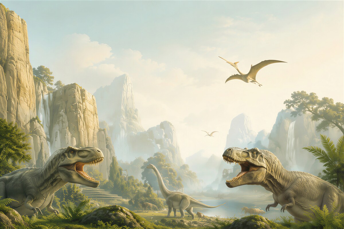Fotobehang Dinosaurus en bergen