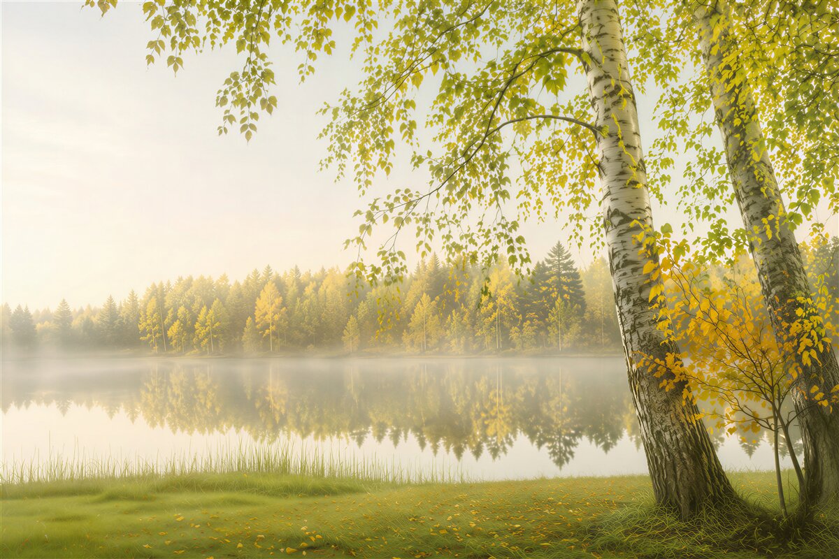 Fotobehang dichte zomerse bos in de reflectie van de rivier