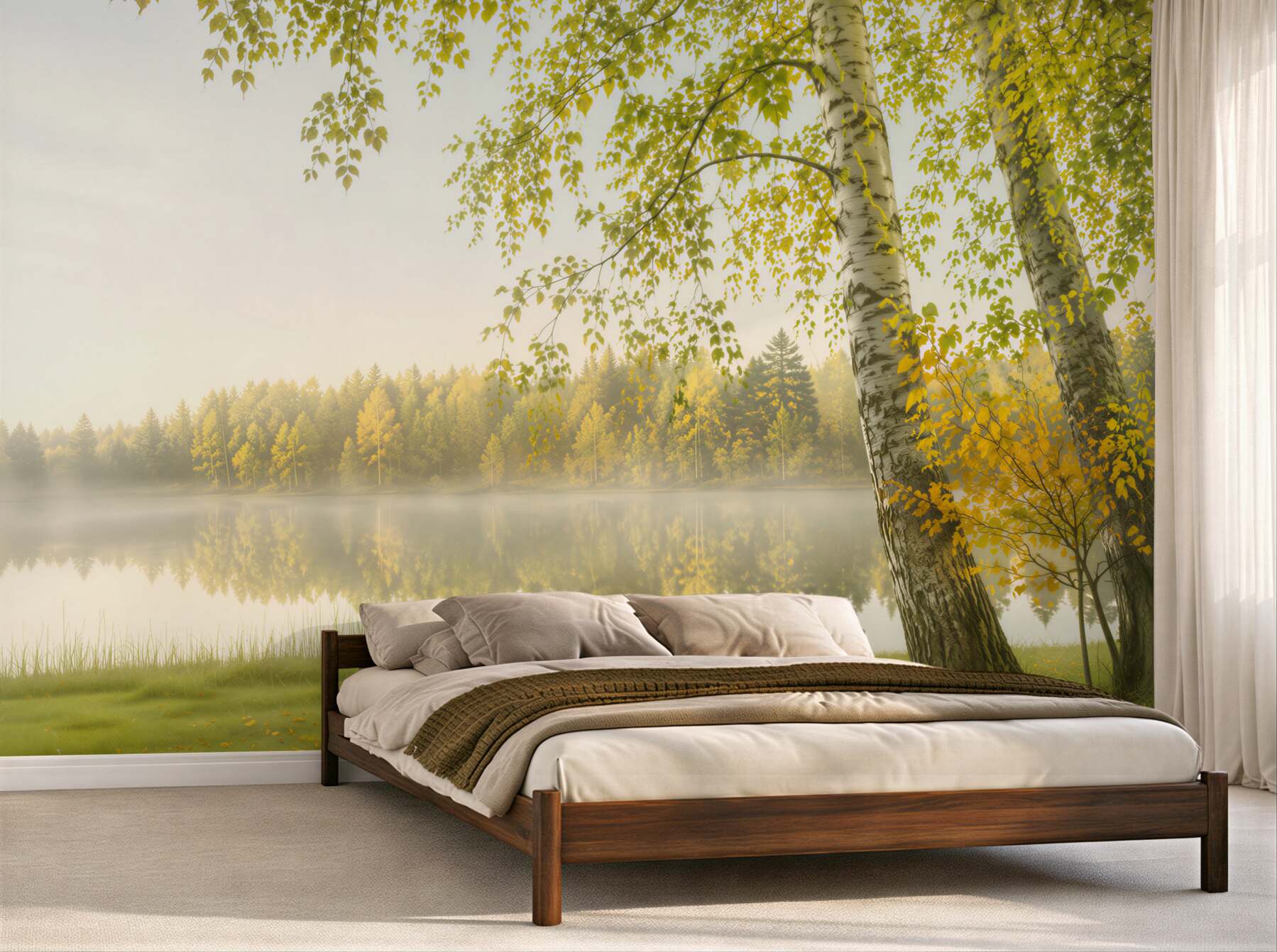 Fotobehang dichte zomerse bos in de reflectie van de rivier