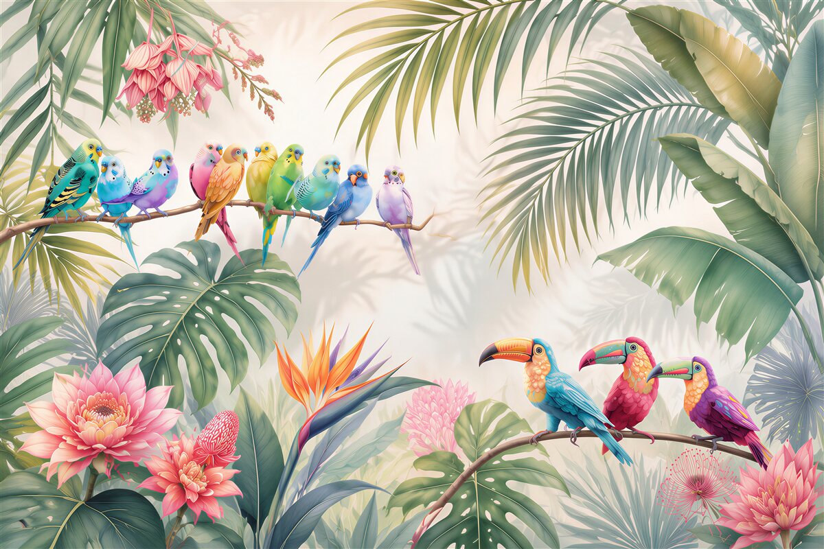 Fotobehang tropische planten en kleurrijke papegaaien