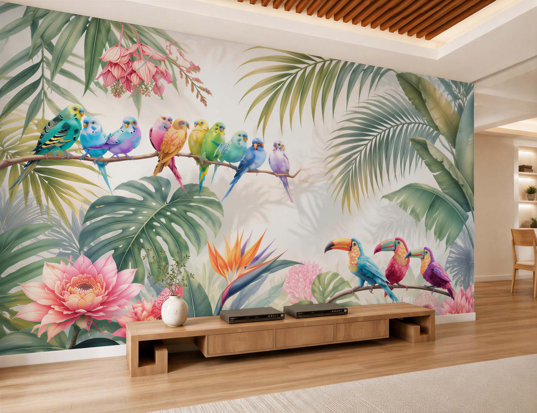 Fotobehang tropische planten en kleurrijke papegaaien