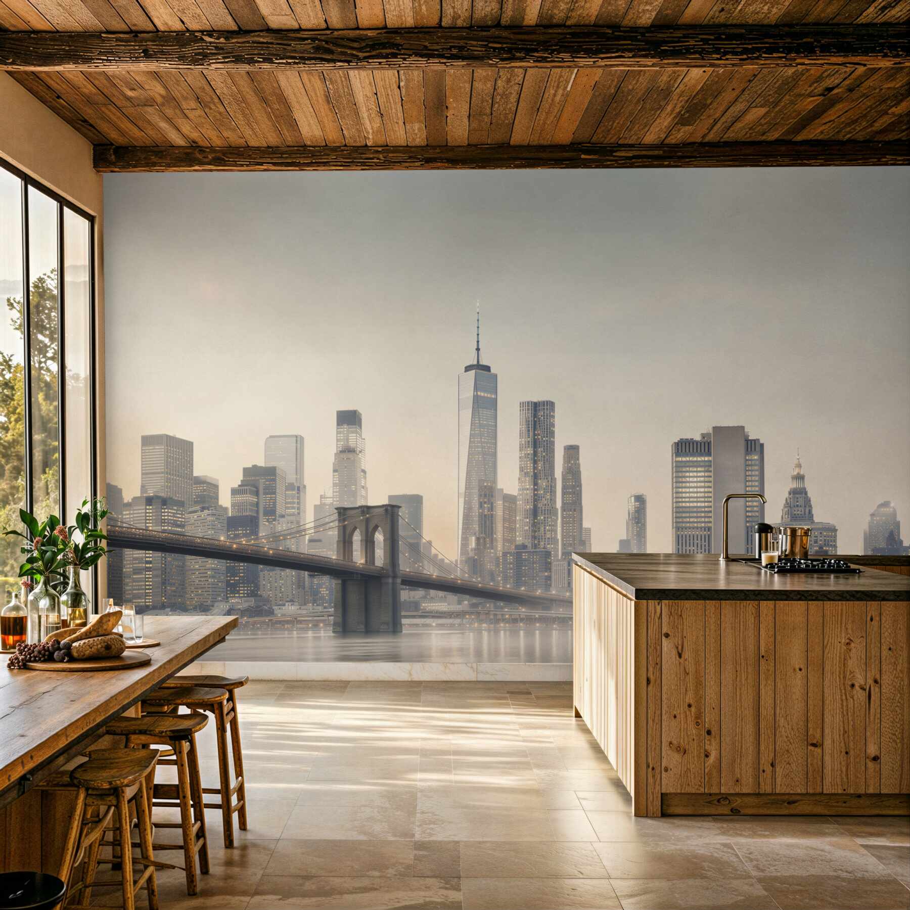 Fotobehang Manhattanbrug 's nachts