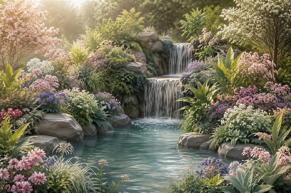 Fotobehang tropische bloemen bij een bergwaterval