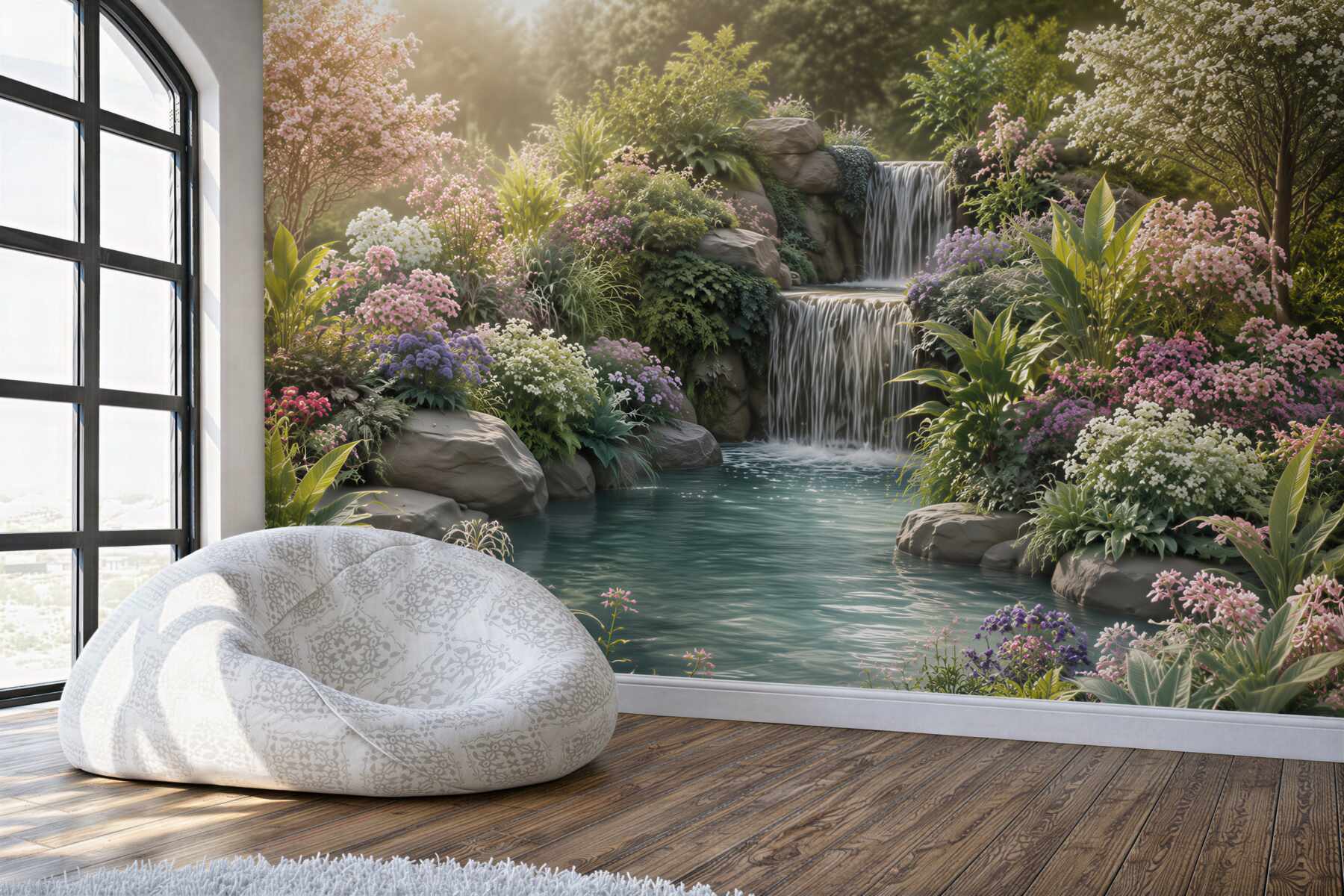 Fotobehang tropische bloemen bij een bergwaterval