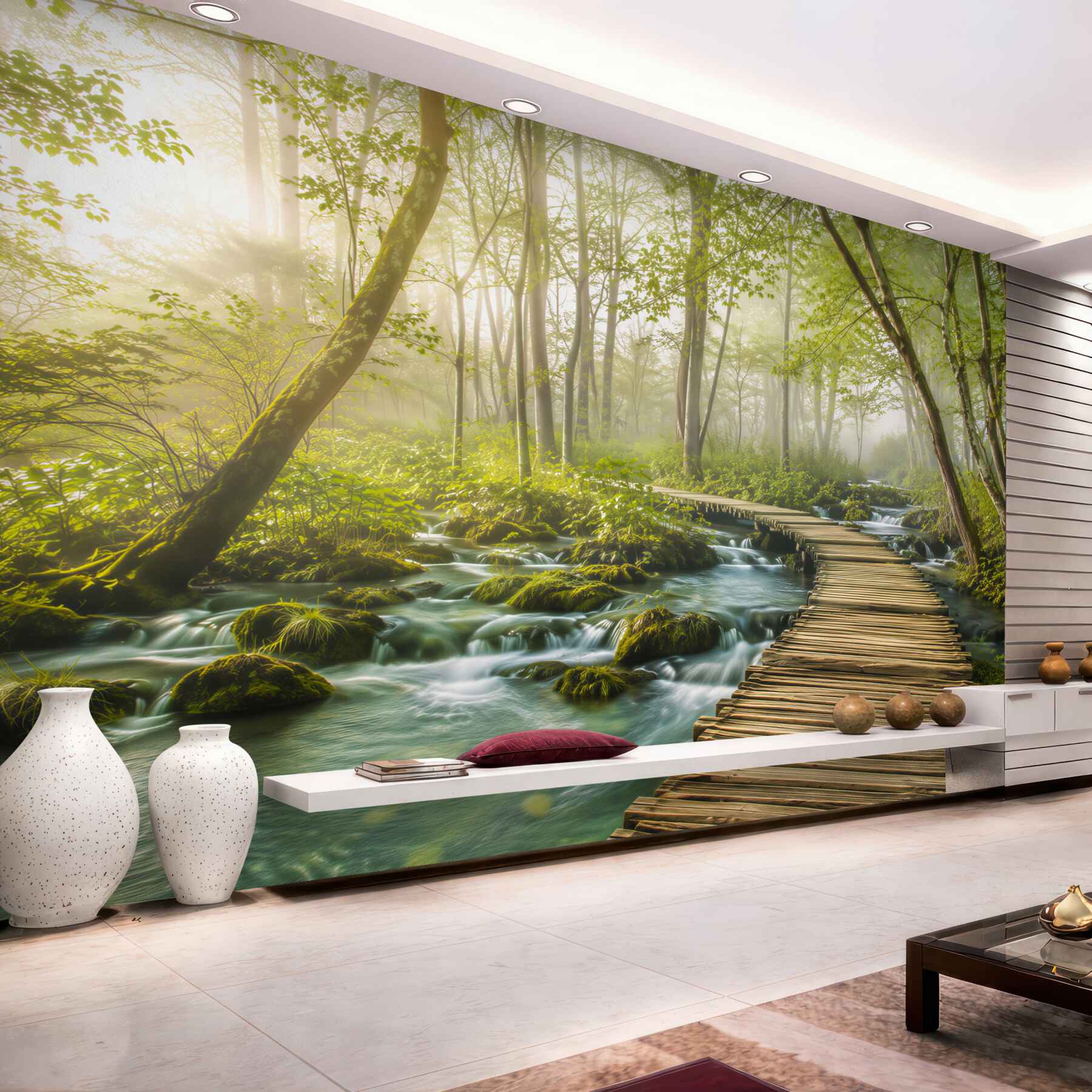 Fotobehang houten brug door een dicht bos
