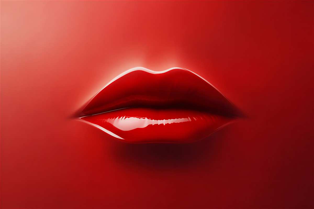 Fotobehang sappige rode lippen op rode achtergrond