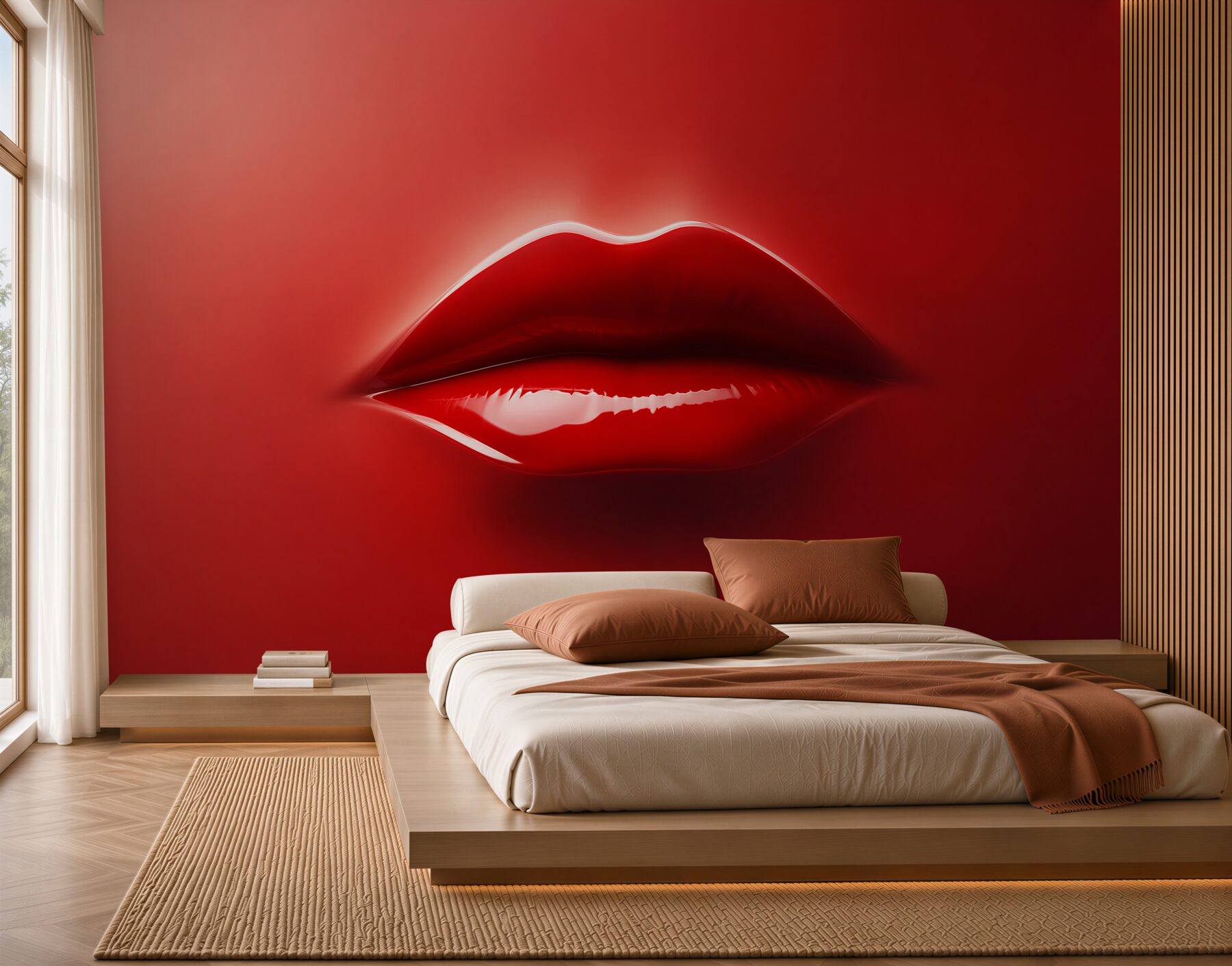 Fotobehang sappige rode lippen op rode achtergrond