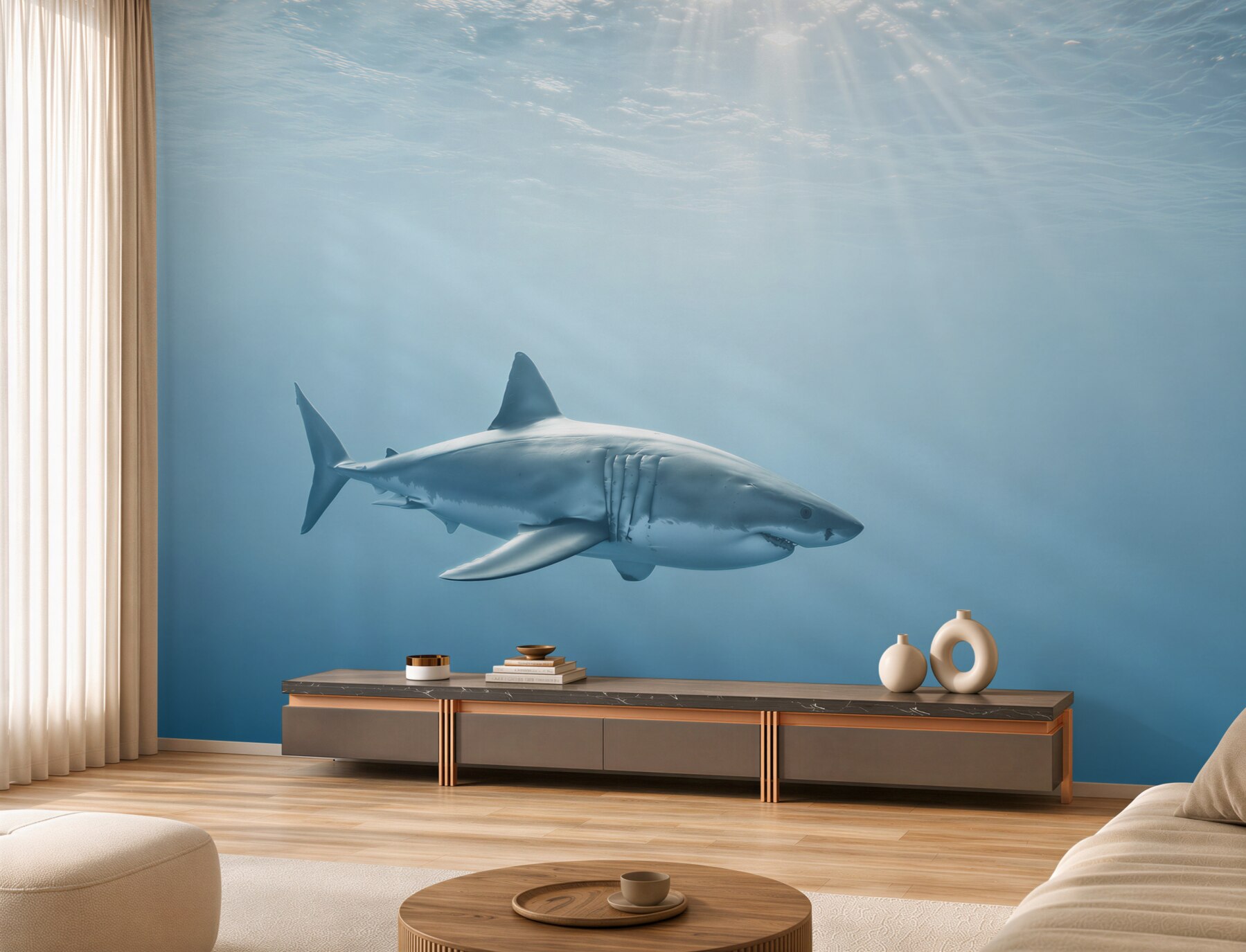 Fotobehang hongerige haai in een onderwaterappartement