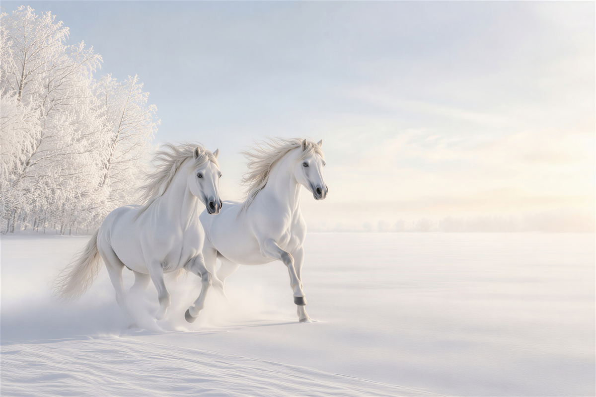 Fotobehang paar paarden galopperend in de sneeuw