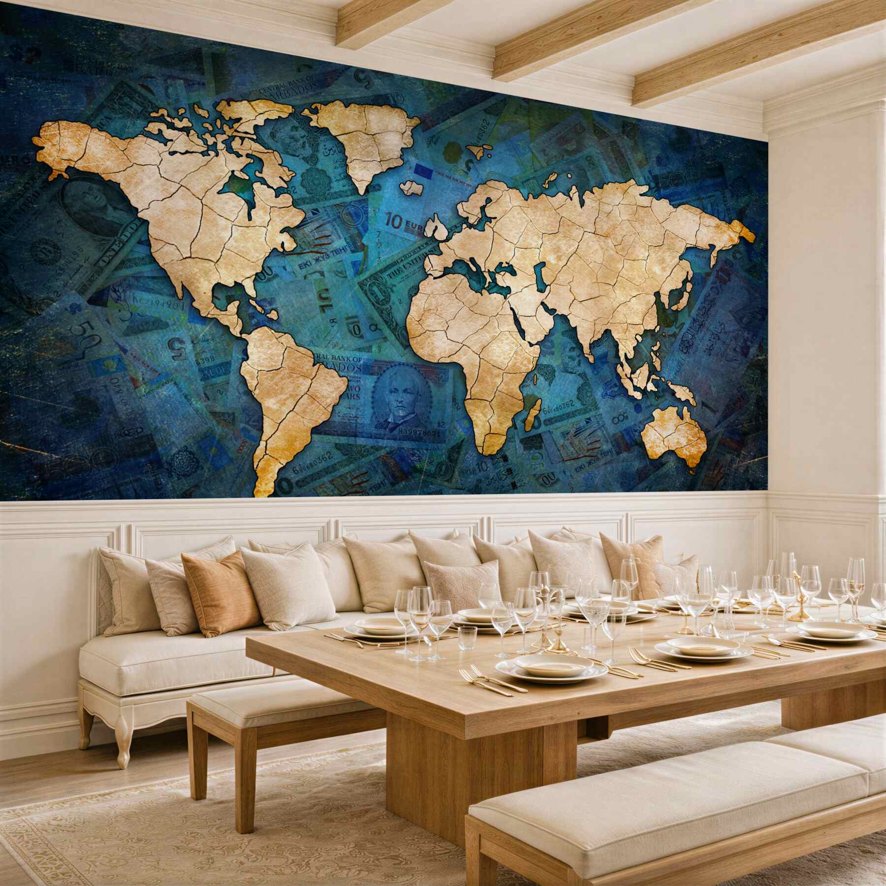 Fotobehang gele wereldkaart op blauw water