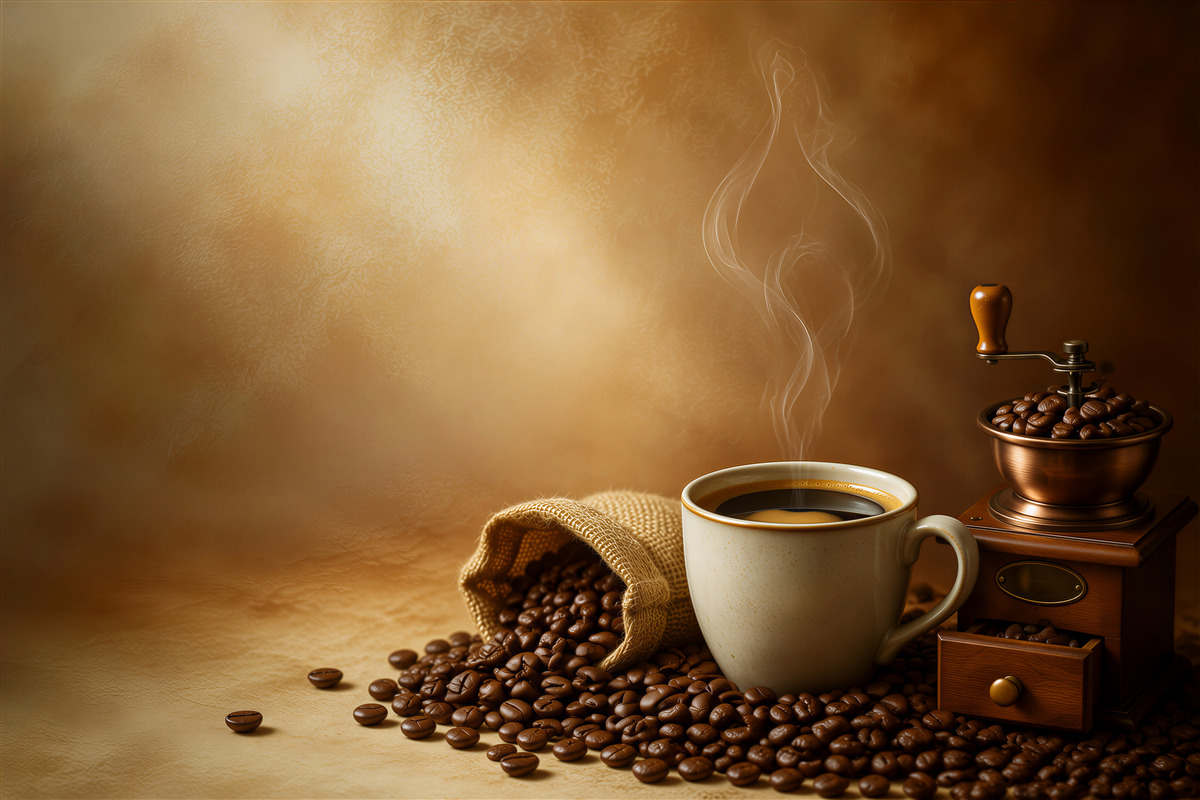 Fotobehang mengsel van koffiebonen en koffie