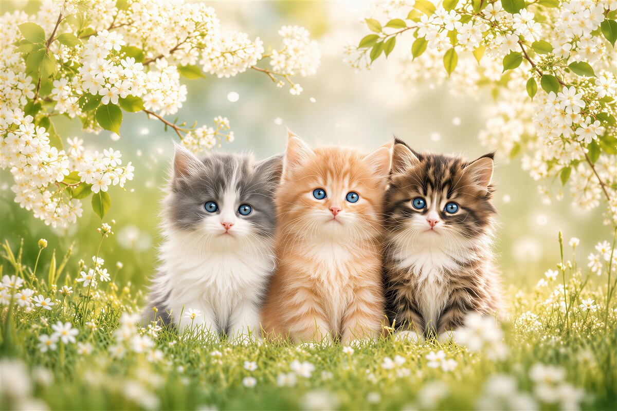 Fotobehang kittens op een bloeiende weide
