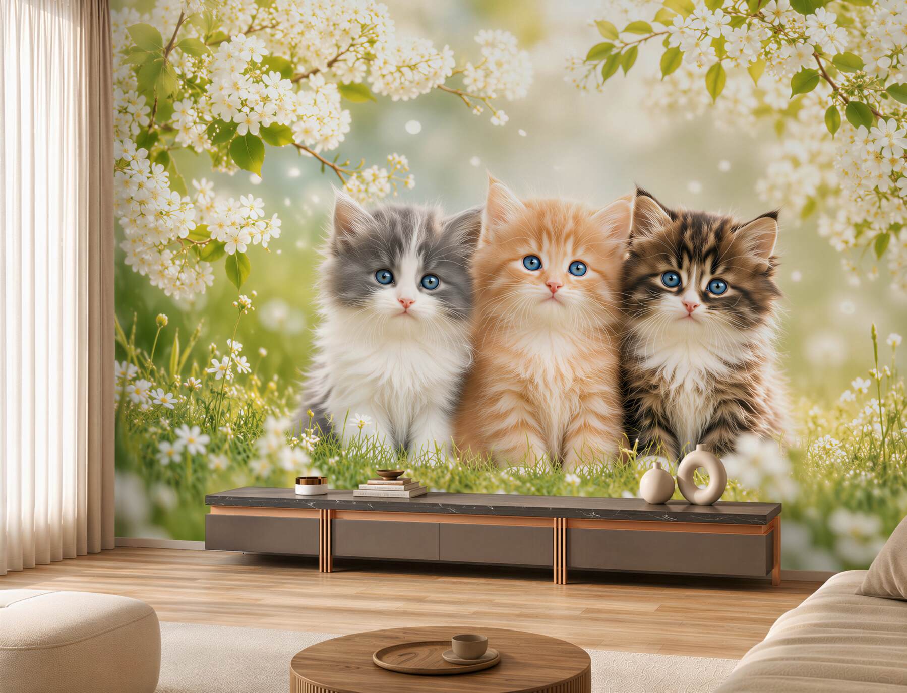Fotobehang kittens op een bloeiende weide