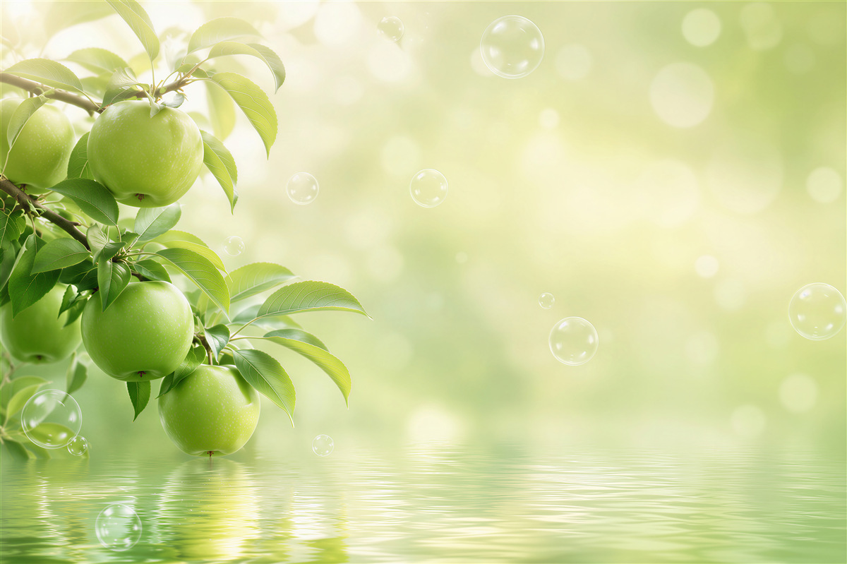 Fotobehang sappige groene appels in de weerspiegeling van water