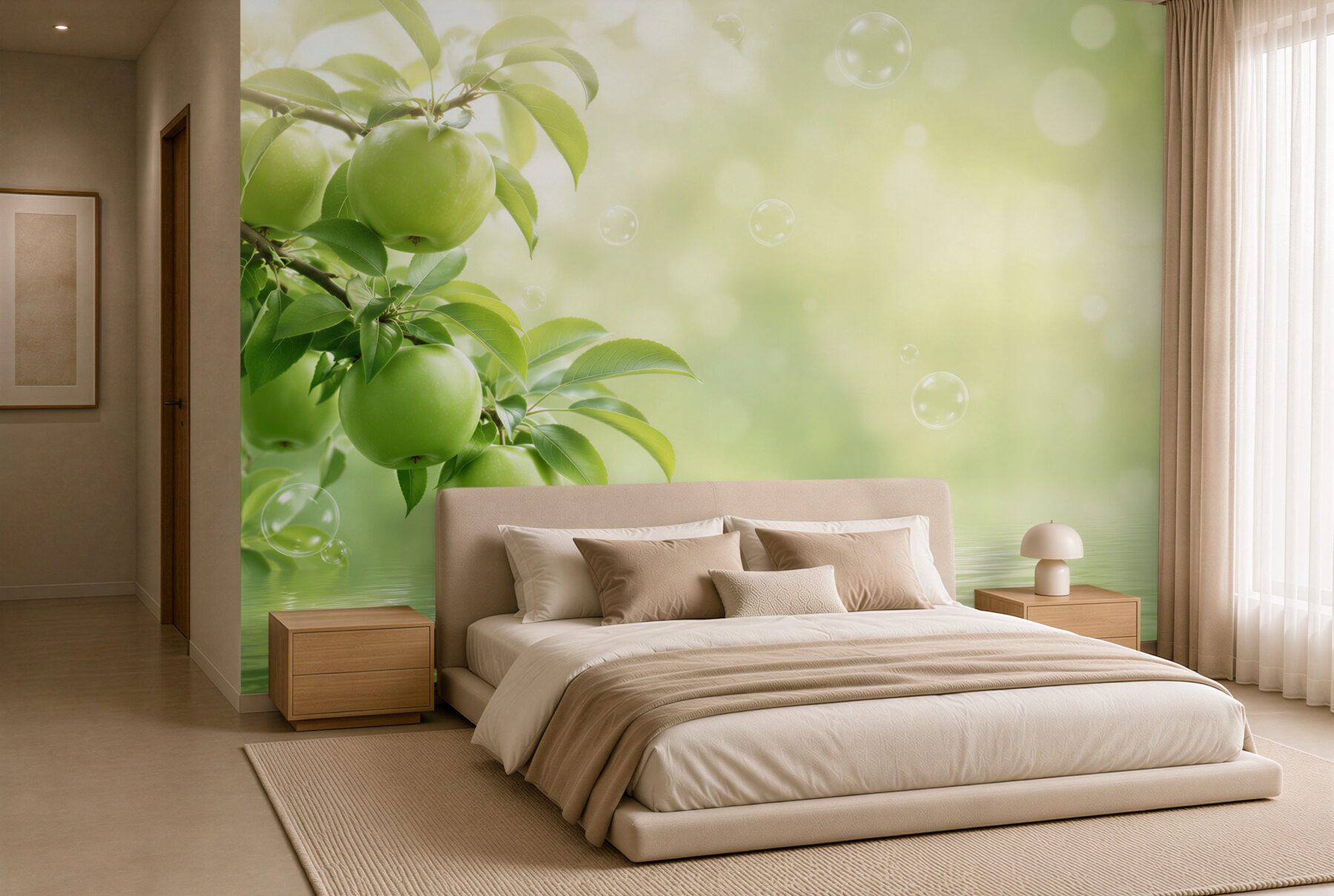 Fotobehang sappige groene appels in de weerspiegeling van water